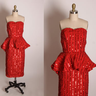 Late 1970s Red Sequin Strapless Knee Length Formal Prom Pageant Peplum Waist Dress -XS 