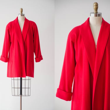 red wool jacket | 80s 90s vintage bright red wool dark academia preppy style oversized loose swing coat 