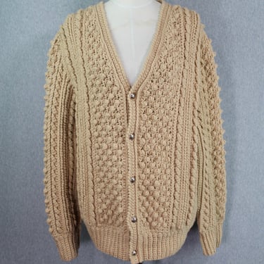 1980s-90s Preppy Cable Knit Sweater- Chunky Hand Knit Cardigan- Size L/XL 
