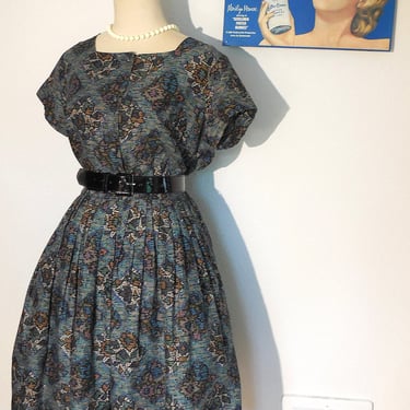 Vintage 50s Atomic Print Day Dress M-L Cotton Rockabilly Dress  Bust 40 