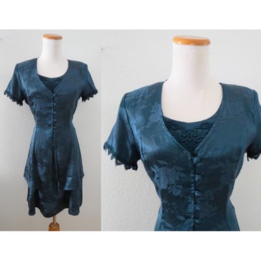 Vintage 90s Party Dress - Christmas Holiday Mini Dress - Dark Teal Green Whimsigoth - Size Small 