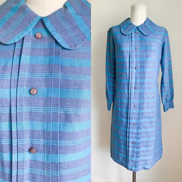 Vintage 1960s Blue Striped Day Dress / S 