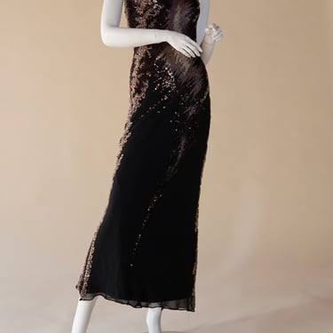 1990s y2k Caché silk and beaded bias cut dress - vintage silk chiffon evening dress with beading and sequins and open back 