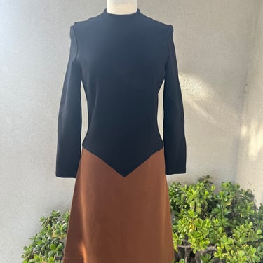 Vintage 70s wool knit dress ALine Style block black brown colors Sz S/M by Kimberly 