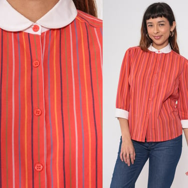 70s Striped Blouse Red Multi Shirt PETER PAN Collar 3/4 Sleeve Top Boho Disco Hipster Button Up 1970s Collared Yellow Medium 