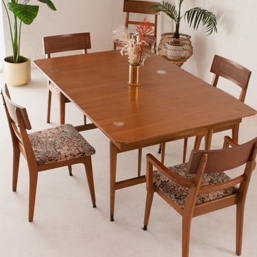 Midcentury Walnut Dining Table w/ Five Caned Backed Chairs