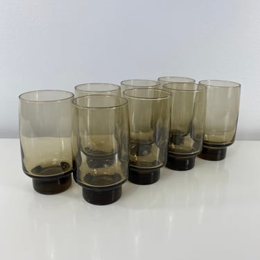 Vintage Libbey Glass TAWNY ACCENT Smoky Brown 16oz Flat Tumblers Set of 8, MCM Barware Drinking Glass, Pedestal Tumblers, Stackable Glasses 