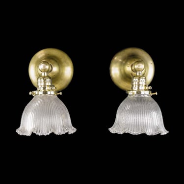 Pair of Restored Brass Ruffled Holophane Glass Wall Sconces