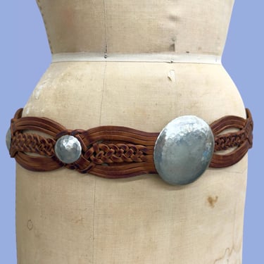 Vintage Belt Retro 2000s Y2K + Made in Morocco + Genuine Braided Leather + Hammered Metal + Bohemian + Statement Belt + Womens Accessory 