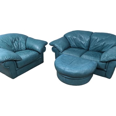 Blue Leather Loveseat/Chair Set With Ottoman