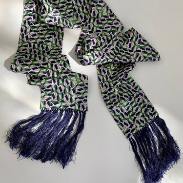 1970's X-Long MOD Scarf - Geometric Print in Green, White & Purple with Purplish- Blue Long Fringe - Rayon Blend - 4-3/4 inches x 80 inches 