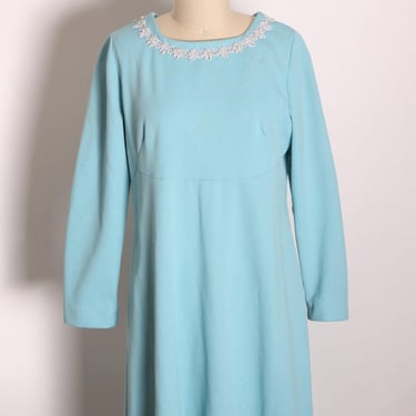 1960s Blue 3/4 Length Sleeve Empire Waist Silver Trim Mod Dress -L 