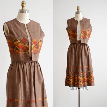 embroidered skirt set 60s 70s vintage brown orange vest and skirt suit 