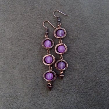 Long purple frosted glass  and copper earrings 