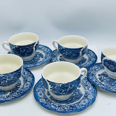 Vintage set of (5) Staffordshire liberty blue tea cup and saucers PAUL REVERE Old North Church 