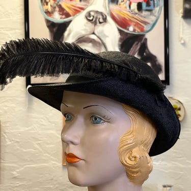 black feathered fedora hat 1960s folded brim feather cap 