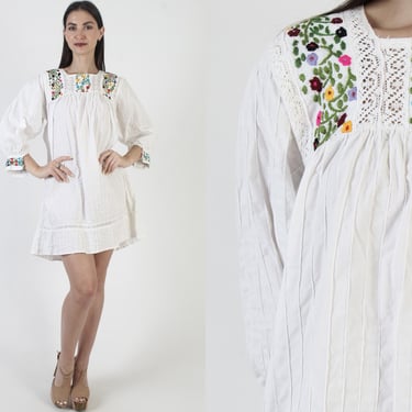 White Cotton Mexican Dress, Floral Hand Embroidery, Vintage Pintuck Sundress, Seersucker Cover Up 