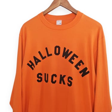 70s shirt / Halloween shirt / 1970s Halloween Sucks felt letter long sleeve JC Penney shirt Large 