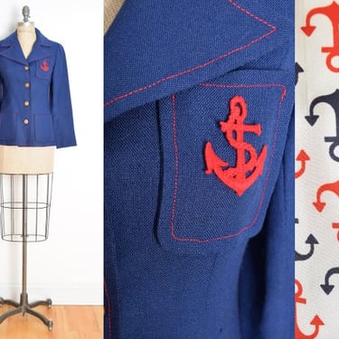 vintage 70s jacket navy red ANCHOR blazer embroidered novelty print lining XS S 