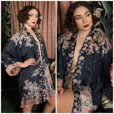 1930s Robe - Gorgeous Dark Floral Vintage 30s Art Deco Floral Brocade Robe with Kimono Sleeves 