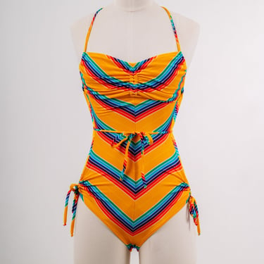 *1970's Golden Thimble Boutique Yellow Chevron Stripe Swim Suit