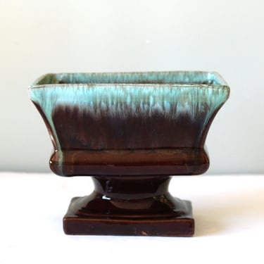 1960s Dark Plum and Turquoise Rectangular Ceramic Pedestal Planter - Vintage Pottery 