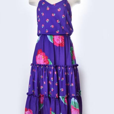 70's T-SHIRT Sun Dress, Vintage Summer Dress Full Skirt 1970's, 1980's Boho Hippie, Full Skirt, Cotton Jersey tshirt Blue Purple Floral 