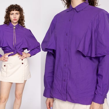 80s Purple Cape Sleeve Blouse - Large | Vintage Collared Ruffled Long Sleeve Button Up Western Top 