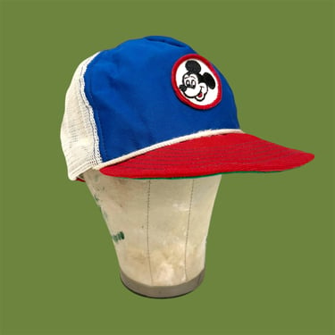 Vintage Walt Disney Hat Retro 1970s RARE + Mickey Mouse Patch + Red + Blue + White + Mesh + Snapback + Trucker + Adjustable + Unisex 