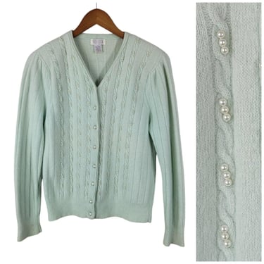 Vintage Cable Knit Cardigan Sweater Size Large Pearl Green Lambs Wool Angora 