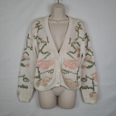 Vintage 90s Off White Floral Cardigan 