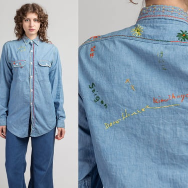 70s Chambray Embroidered Souvenir Shirt - Medium to Large | Vintage Unisex Button Up Western Style Retro Top 
