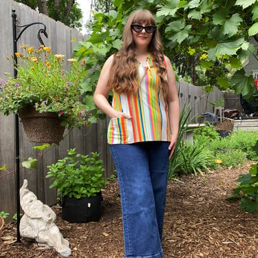 Vintage 70s Rainbow Striped Terry Fabric Sleeveless Tunic Top 
