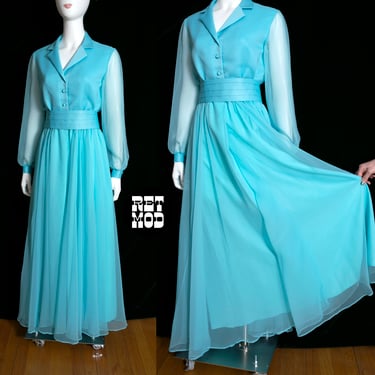 Beautiful Vintage 60s 70s Light Blue Maxi Dress with Long Sheer Sleeves 