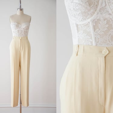 high waisted pants | 80s 90s vintage pastel yellow cream academia style straight leg pleated trousers 