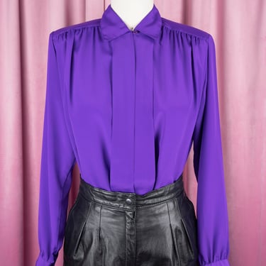 Vintage 1980s Impressions of California Silky Bold Purple Blouse with Front Pleat Detail 