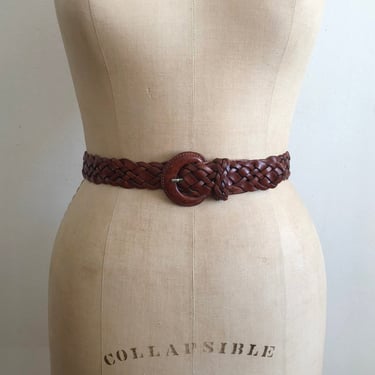 Braided Brown Leather Waist Belt - 1990s 