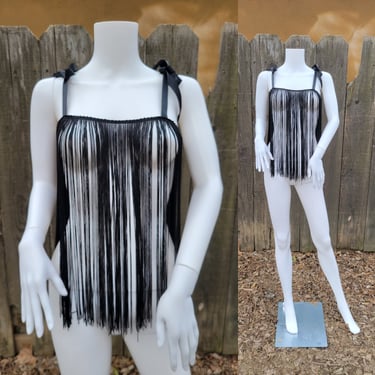 1970's Black Rayon Fringe Gogo Dancer Teddie Top I Shirt I Sz Sm I Exotique I Lingerie I Sexy 