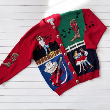 novelty embroidered sweater | 80s 90s vintage P'Galli Americana country western square dancing cowboy red embroidered cardigan 