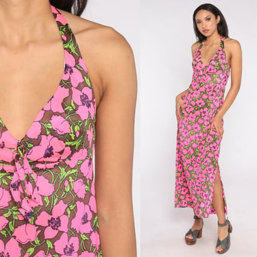 Floral Halter Dress 70s Boho Maxi Summer PLUNGING Deep V Neck Pink Print Sundress Bohemian Empire Hippie Vintage Backless Small Medium 