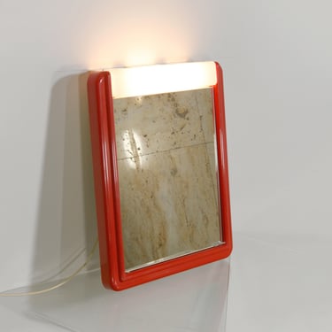 Red Vintage Allibert West German Bathroom Vanity Mirror Medicine Cabinet Wall Mounted Lamp Space Age Atomic Era Accent Rectangular Plastic 