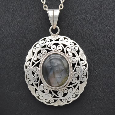 Big 70's sterling vines labradorite oval hippie pendant, handcrafted 925 silver chatoyant cab statement necklace 