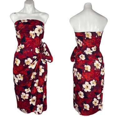 1950’s Sexy Strapless Hibiscus Print Tiki Dress Size XS