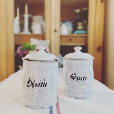 Beautiful set of 2 vintage  French speckle enamelware spices pot-EWP2 