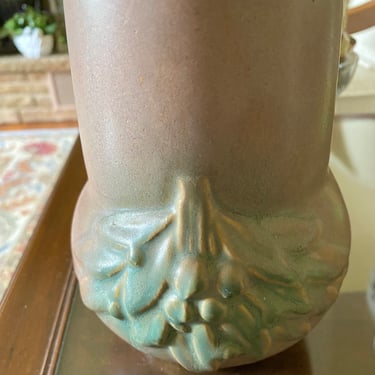 Antique McCoy Stove Pipe Pottery Vase~  Matte Brown 1920s Deco Style ~ Embossed Green Blue Leaves and Berries, Gourd Shape Earthenware 