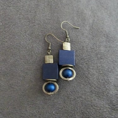 Blue earrings, bronze geometric wooden earrings, mid century modern earrings, boho chic earrings, bold statement earrings, contemporary 2 