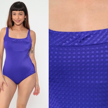 Embossed Purple Bathing Suit 90s One Piece Swim Suit Shiny Checkered Swimsuit Low Scoop Back Vintage Retro It Figures! Extra Large xl 16 