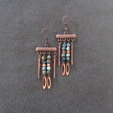 Jasper and copper ethnic chandelier earrings, blue 