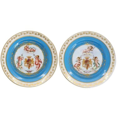 1850’s Pair Sevres Gilt and Bleu Celeste French Porcelain Royal Armorial Crest Antique China Plates 