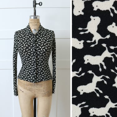 vintage 1990s poodle print blouse • novelty print skinny fit nylon 70s style long sleeve shirt 